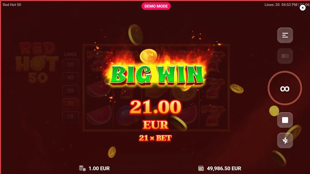 Interface do jogo de slot Red Hot 50 com tema de fogo e frutas