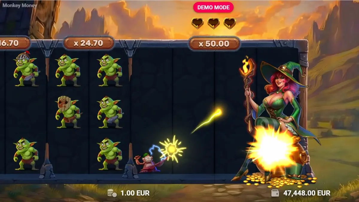 Interface do jogo Monkey Money com o macaco explorador no calabouço